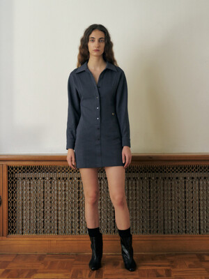 STRETCH COTTON SHIRT DRESS, TEAL NAVY