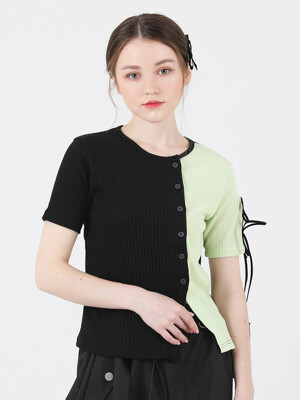 Slit Ribbon Half-Sleeve T-shirt (Green)
