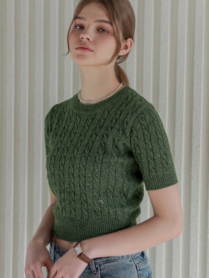 Lossy  Cashmere Cable Short-Sleeved Round Knit_khaki