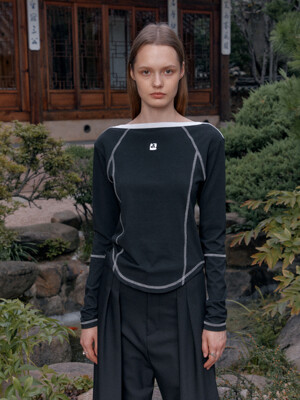 LLOYD Boat Neck Embroidered Contrast-Stitched Jersey Top_Black