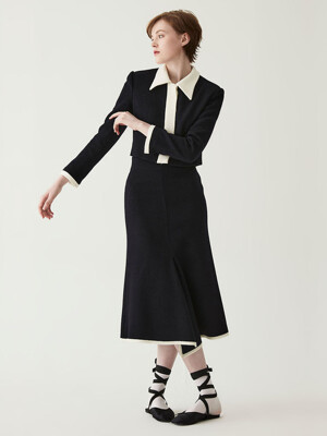 Tweed Wool Front Slit Skirt -Navy