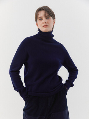 Super Fine Wool Wholegarment Turtle-neck Knit top (Navy)