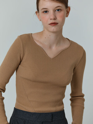 Heart neck ribbed knit (beige)