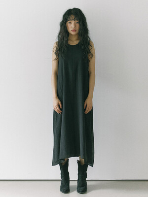 Layered linen long dress / Black