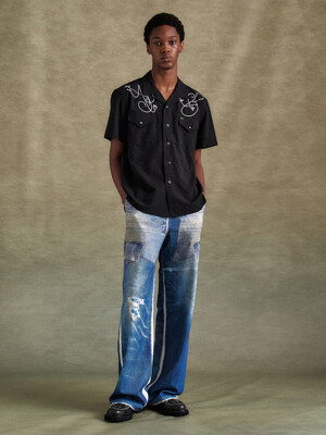 UNISEX DENIM TROMPE LOEIL MESH PANTS apa828u(BLUE)