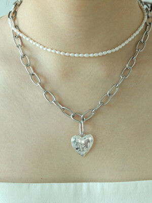 Silver Heart chain pearl N SET