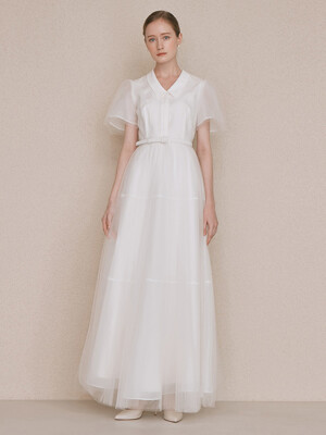 DIAMANT Pointed collar tulle maxi dress (Ivory)