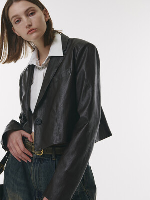 FAUX Leather Crop Blazer in Dark brown