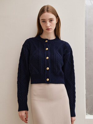 Cable Wool knit Cardigan-Navy