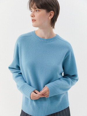 Super Fine Wool Wholegarment Round Knit top (Light Blue)