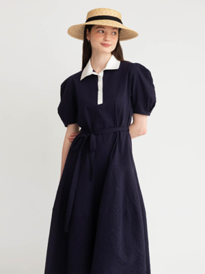 A POINTED COLLAR LONG DRESS_NAVY