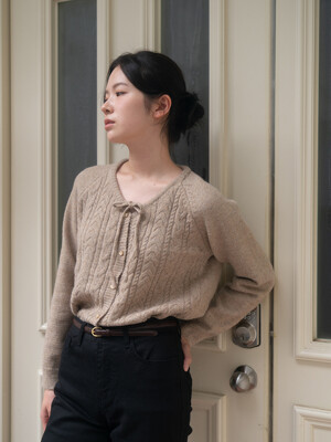 Ribbon Cable Knit Cardigan - Beige