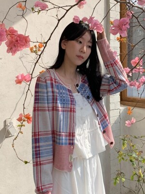 A MIXED COLOR CHECK CARDIGAN_RED