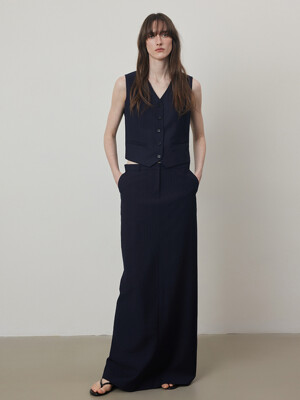 Stripe Four Set Up Suit-H Line Long Slit Maxi Skirt