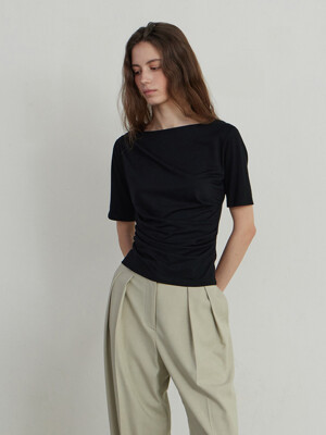UNBALANCE DRAPE HALF T-SHIRT - BLACK