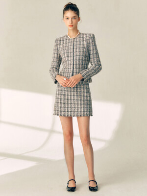 [SET]MELANIE Round neck tweed jacket + RITA H-line tweed wool mini skirt (Deep gray)