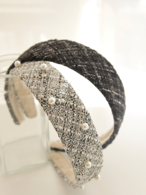 Tweed Black Gray Pearl Hairband H0897