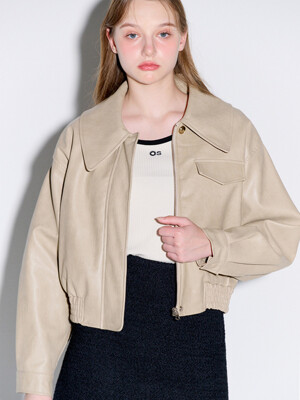 Big collar eco leather blouson jacket_Beige