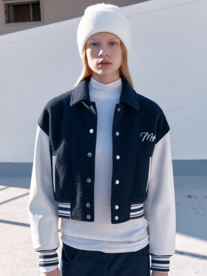 PANTEON Logo Patch Wool Varsity Padding Bomber Jacket_Navy