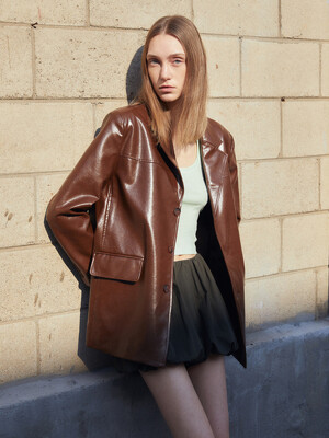 LOOSE FIT THREE BUTTON LEATHER JACKET_BROWN
