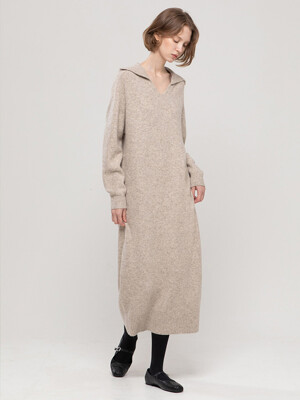 V-neck knit long dress_Beige