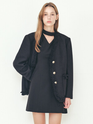 FRINGE V NECK TWEED JACKET - BLACK