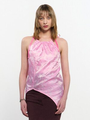 Two Tone Ribbon Paisely Halter-neck Top _ PINK