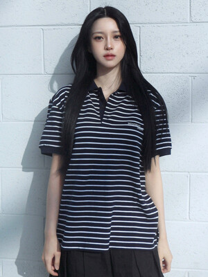01 M.C UNISEX, Stripe PK Half Shirt / Navy