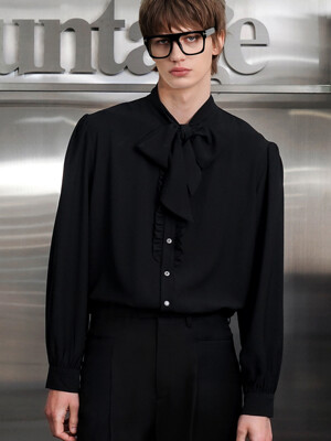 Pussy-Bow Ruffled-Placket Blouse[Black(MAN)]_UTS-FS90