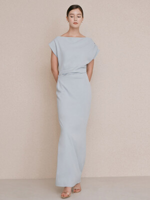 [BRIDAL]ATHENA Asymmetric sleeve flared maxi dress (Light cornflower blue)