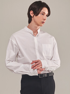 WHITE Semi-Over Hidden Button Stand Collar Shirts