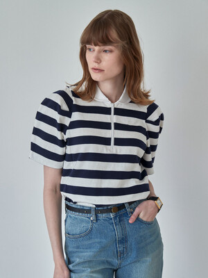 HALF ZIP-UP COLLAR T-SHIRT(navy stripe )