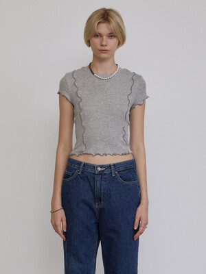 Frill Round Crop_Span T Shirt_Grey