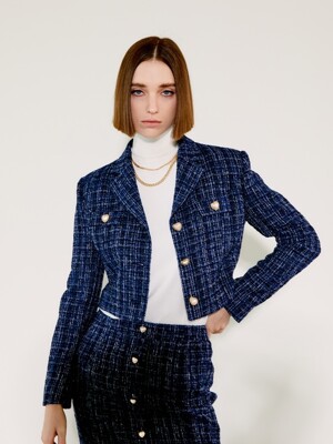 Classy Tweed Cropped Jacket [Navy]