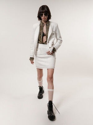 Chain Embellished-Tweed Mini Skirt(White)_UWS-FS20