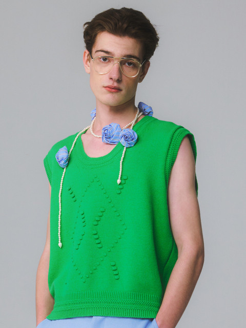 니트 - 문선 (MOONSUN) - UNISEX, Pompom Argyle Knit Vest / Green