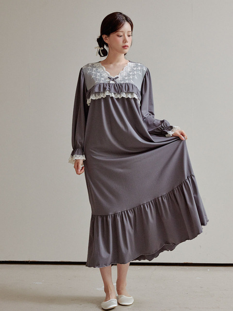 라운지웨어 - 루나루즈 스튜디오 (LUNALUZ STUDIO) - 여성 보르도 스판 브이넥 원피스 잠옷