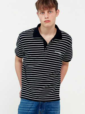 01 M.C UNISEX, Stripe PK Half Shirt / Black