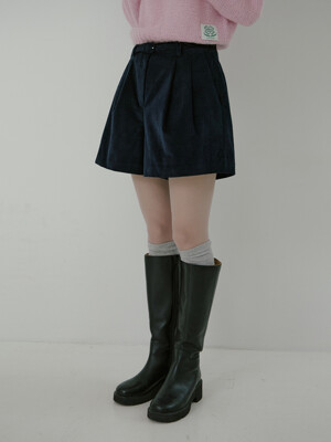 COTTON VELVET TUCK SHORTS+BELT SET_NAVY