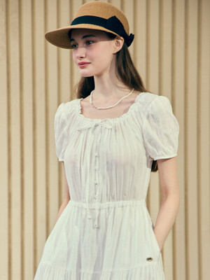 Sophia Ribbon Shirring Banding Dress - White