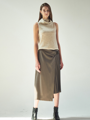 HALF PLEATED WRAP SKIRT_D.BROWN