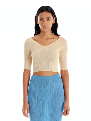 UVINA Wide V-Neck Knit Top - Light Yellow