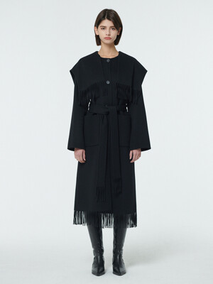 Fringed hand-made wool coat - Black
