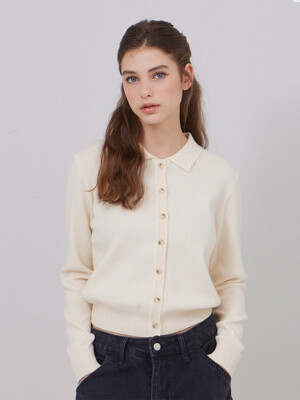Collar Knit Cropped Cardigan Ivory
