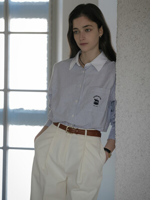 Horse embroidery stripe cotton shirt_Navy
