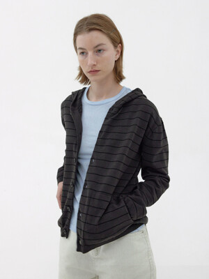 [Women] Hemp Cotton Stripe Hooded Cardigan (Charcoal)