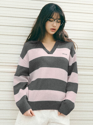 WOOL BLENDED COLLAR STRIPE BOARDER KNIT GY+PK
