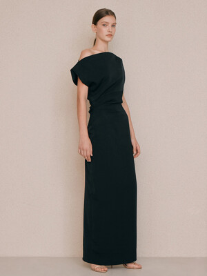 [BRIDAL]ATHENA Asymmetric sleeve flared maxi dress (Deep navy)