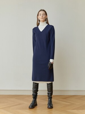 BACKLESS V-NECK KNIT DRESS (NAVY)