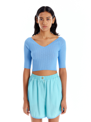 UVINA Wide V-Neck Knit Top - Sky Blue